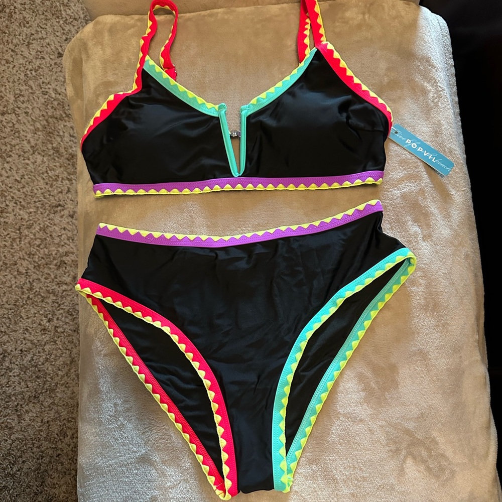 Popvil Sporty Black Bikini with Neon Trim Sz L